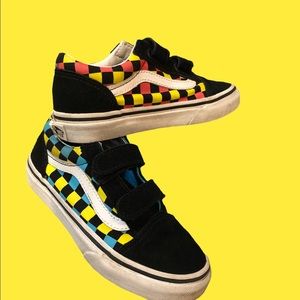 Vans Boy Velcro sneakers, turquoise, red, yellow checkered, kid size 13, GUC